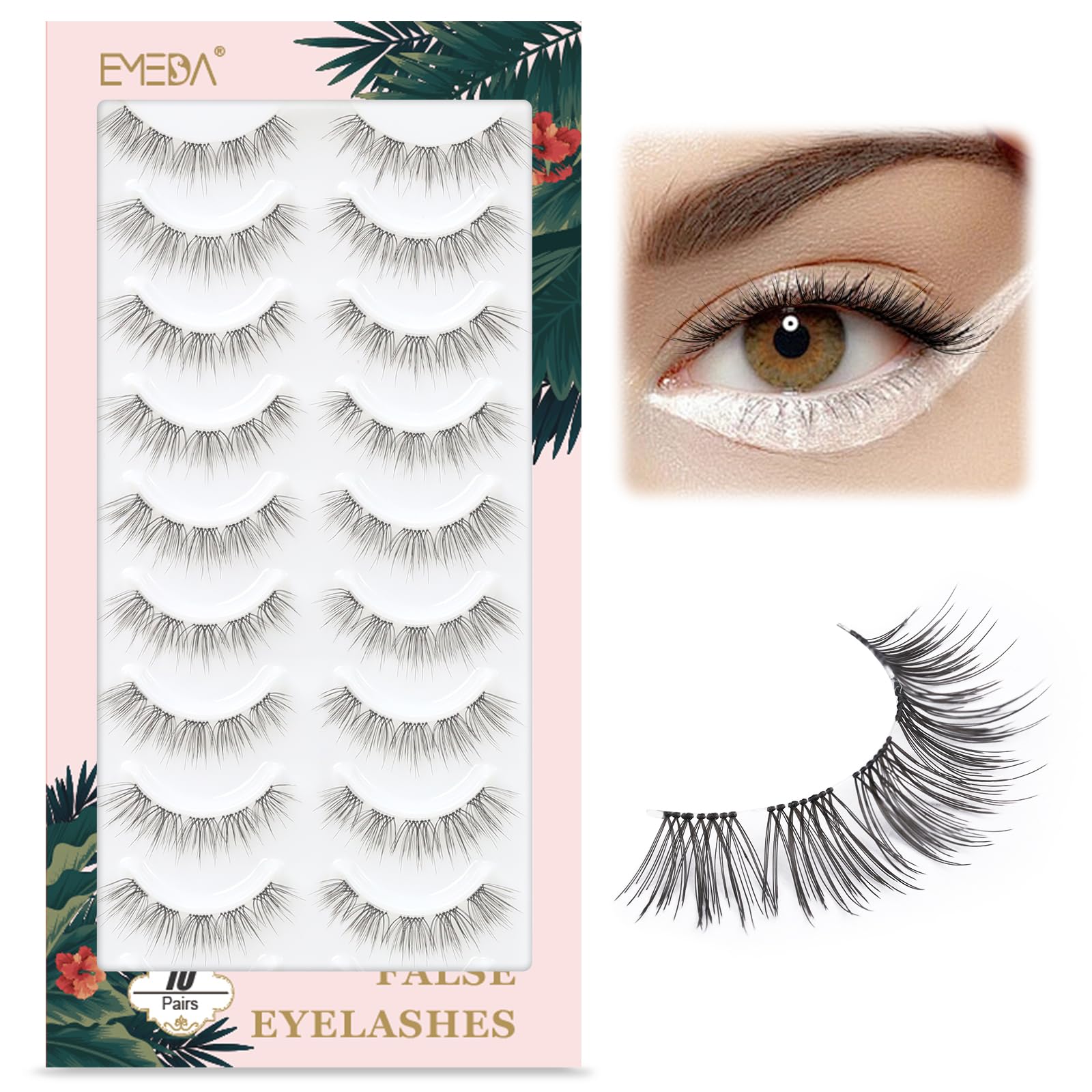 EMEDA 10 Pairs 3D Fake Lashes - Short, Soft, Reusable, Transparent Strip Lashes - Handmade, Natural Looking Eyelash