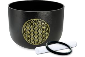 Siceeoly 10 inch D Note Black Life of Flower Crystal Singing Bowl Heart Chakra Meditation Sound Healing with Suede Striker O-