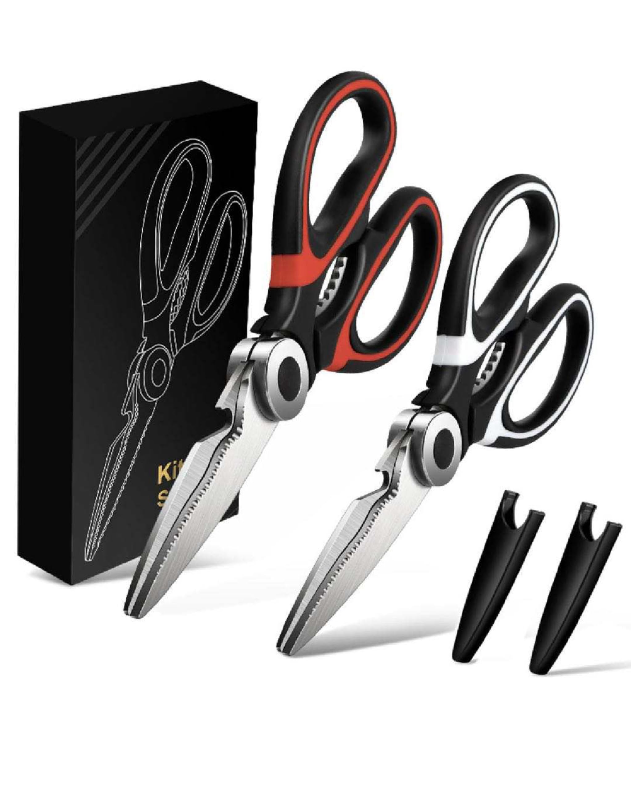 Pack 2 Kitchen Cutting Scissors, Multifunctional Scissors, Premium Kitchen Scissors with Protective Case, Stainless Steel for Chicken, Meat, Vegetables, Herbs, BBQ.