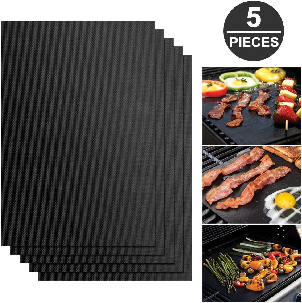 BBQ Grill Mat Set of 5 - Mopoin Non Stick Oven Liner Teflon Cooking Mats - Reusable, Durable, Heat Resistantand, Easy to Clean,Reusable good for Grilling Meat, Shrimps,Steaks,Burgers,Vegetables,Pizza - work on Gas,Charcoal and Electric Grills(Black)