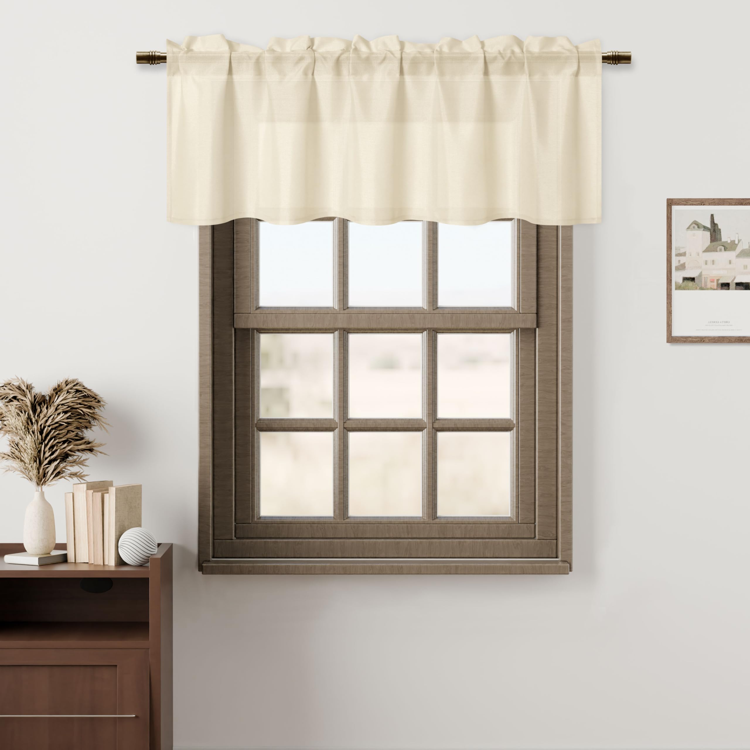 Photo 1 of Hiasan Window Valance Curtains Rod Pocket Light Filtering Faux Linen Valance Curtains for Kitchen, Farmhouse Rustic Valance for Living Room Bedroom, Champagne, 52 x 18 inches, 1 Panel