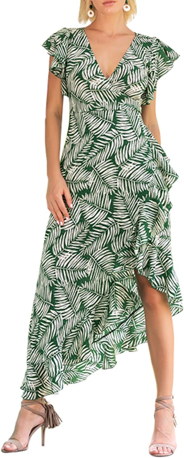 Women's Ruffle Sleeve Irregular Leaves Print Party Dress Chiffon Long Maxi Boho Dresses