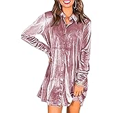 Ivay Women's Spring Button Down Tshirt Dresses Velvet Tunic Dress with Pockets