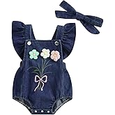 Douhoow Baby Girl Denim Romper Ruffle Flowers Embroidery Baby Girl Romper with Headband Infant Girl Summer Clothes