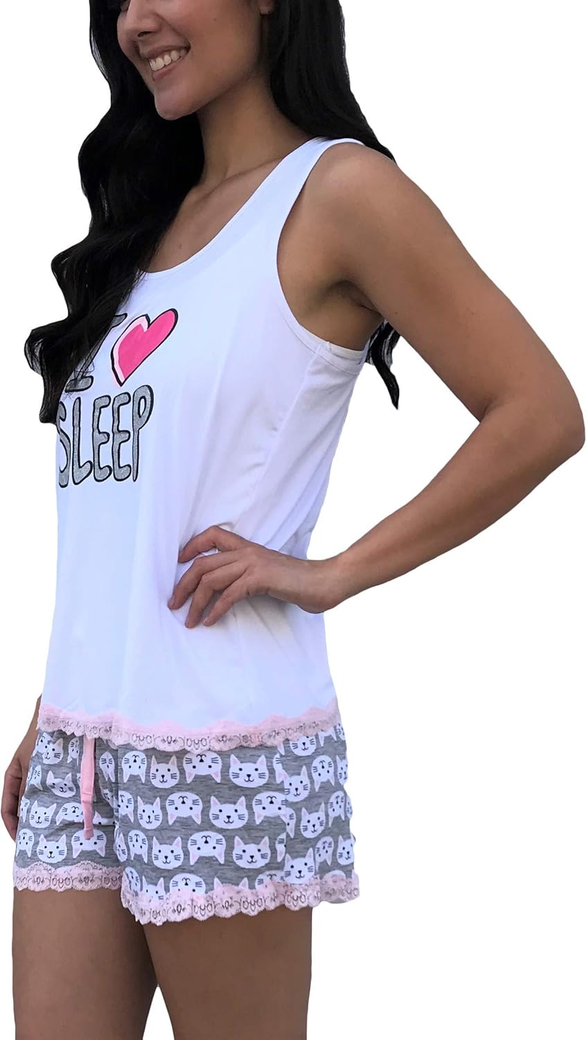 Womens Super Soft Pajama Short Sleeve Top & Shorts Set, Kitty I Heart