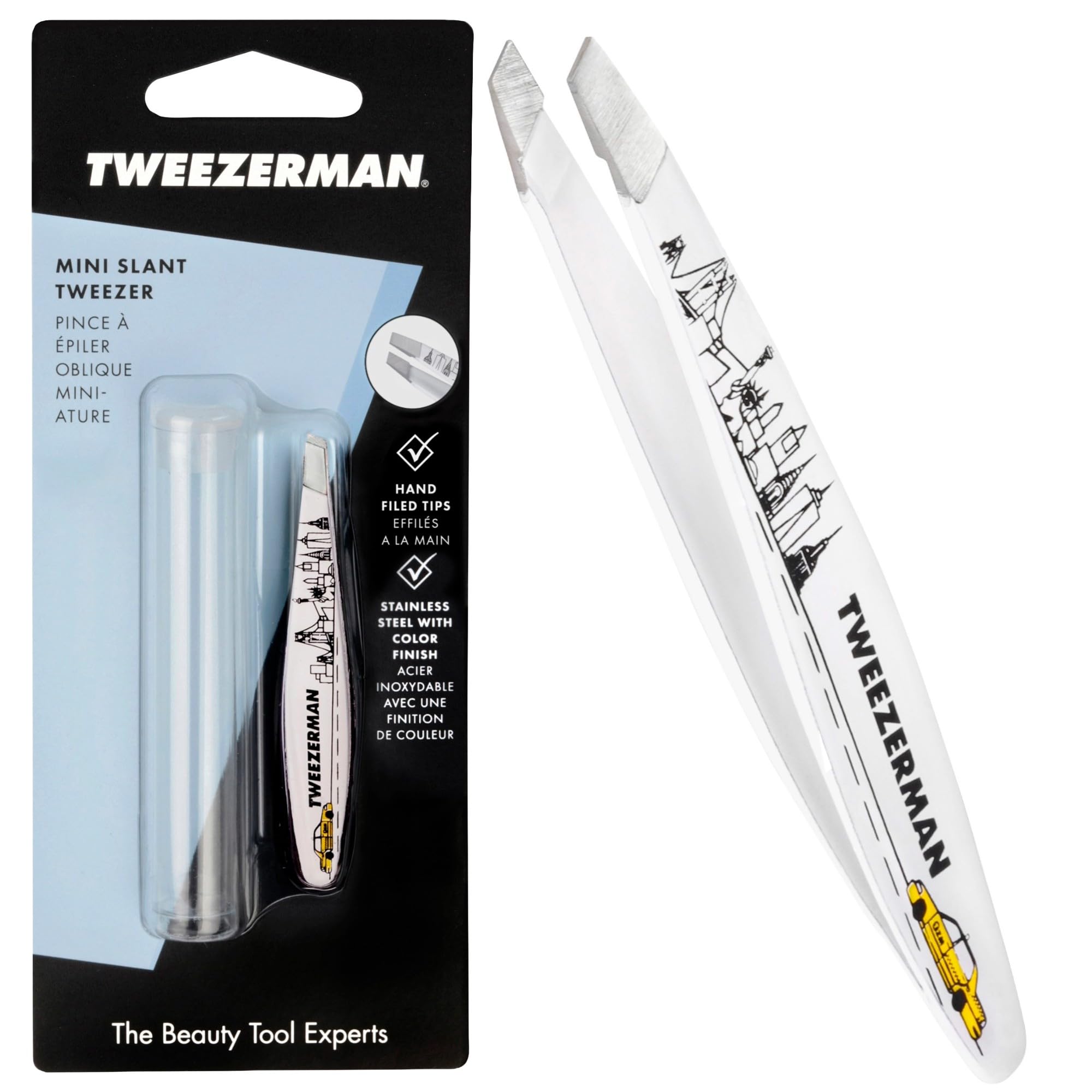 Tweezerman New York City Mini Slant Tweezer, Professional Stainless Steel Precision Tweezers for Facial Hair and Eyebrows, with Travel Case, (Pack of 1) — image 1