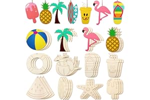 HOOAMI 36 Pieces Summer Wood Hanging Ornaments Beach Wooden Slices with String Holiday Hawaiian Party Decorations Tropical Painted Themed Luau Party Supplies