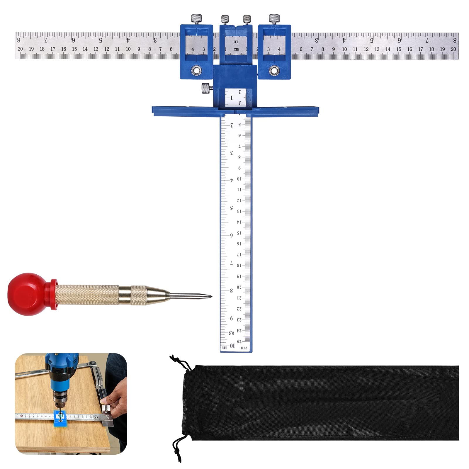 Kitchen Door Handle Jig - Adjustable Door Hardware Jig Spot Punches and Drills with Metal Drill Locators, Door Handle Jig Punch Locator for Install of Handle, Drawer Knob Pull Drilling Templates Tool