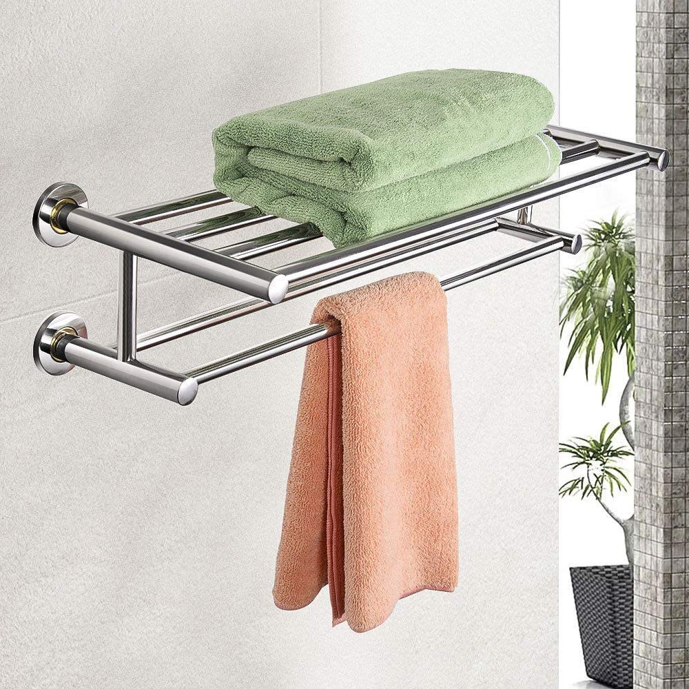 Alfaview 24'' Towel Rack, Stainless Steel Metal Towel Bar, Wall-Mounted Towel Holder Organizer Towel Shelf Storage Rail for Bathroom Kitchen (Silver)