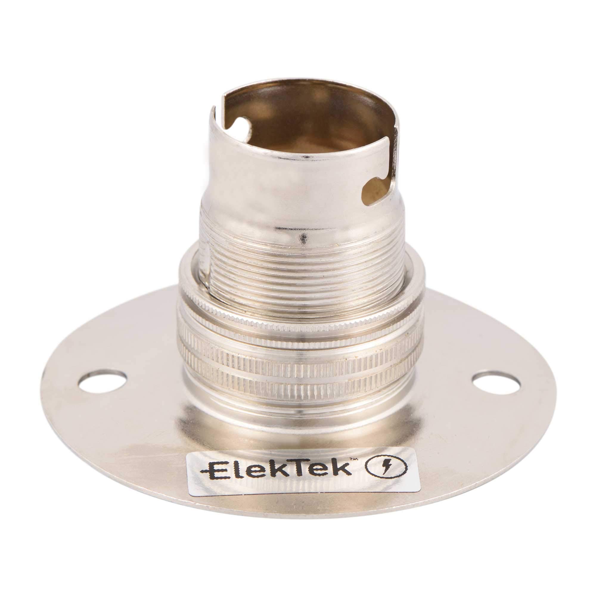 ElekTek Nickel B22 Batten 67mm Base BC Bayonet Cap Lamp Holder with Shade Ring, 50mm/2” Centre Fixings FITS BESA Conduit Box - Made in UK