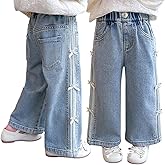 Nivne Tco Toddler Girls Wide Leg Jeans Elastic Waistband Bowknot Denim Pants with Pocket, Casual Pants for Toddler Girls