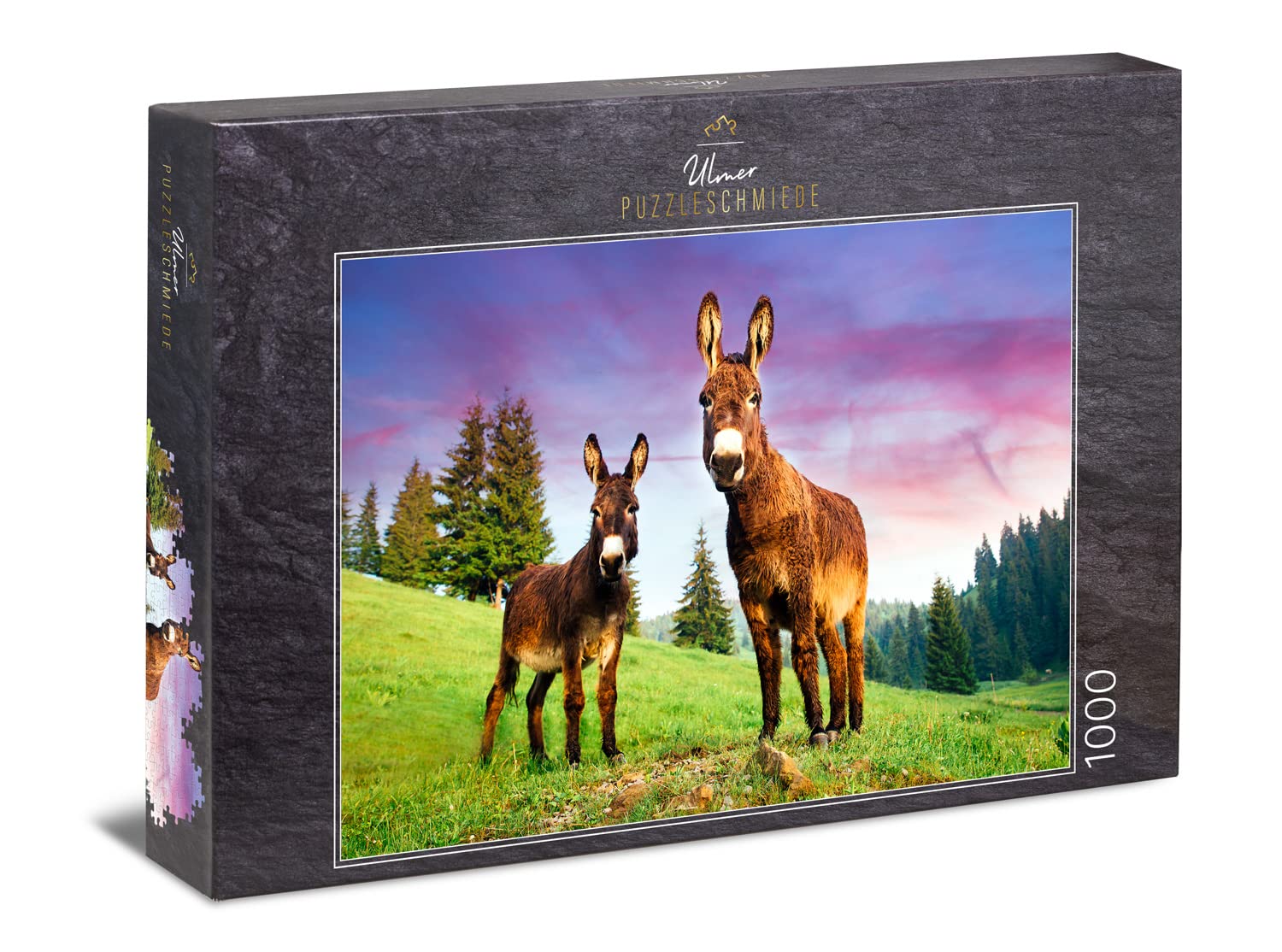 Ulmer Puzzleschmiede - Puzzle "Donkey on the mountain": 1000 pieces jigsaw puzzle - Two donkeys on a green alpine meadow in the Alps in Austria
