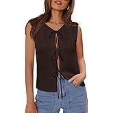 Yousify Women’s Tie Front Sweater Vest 2025 Sleeveless Crochet Knit Summer Y2K Going Out Tops