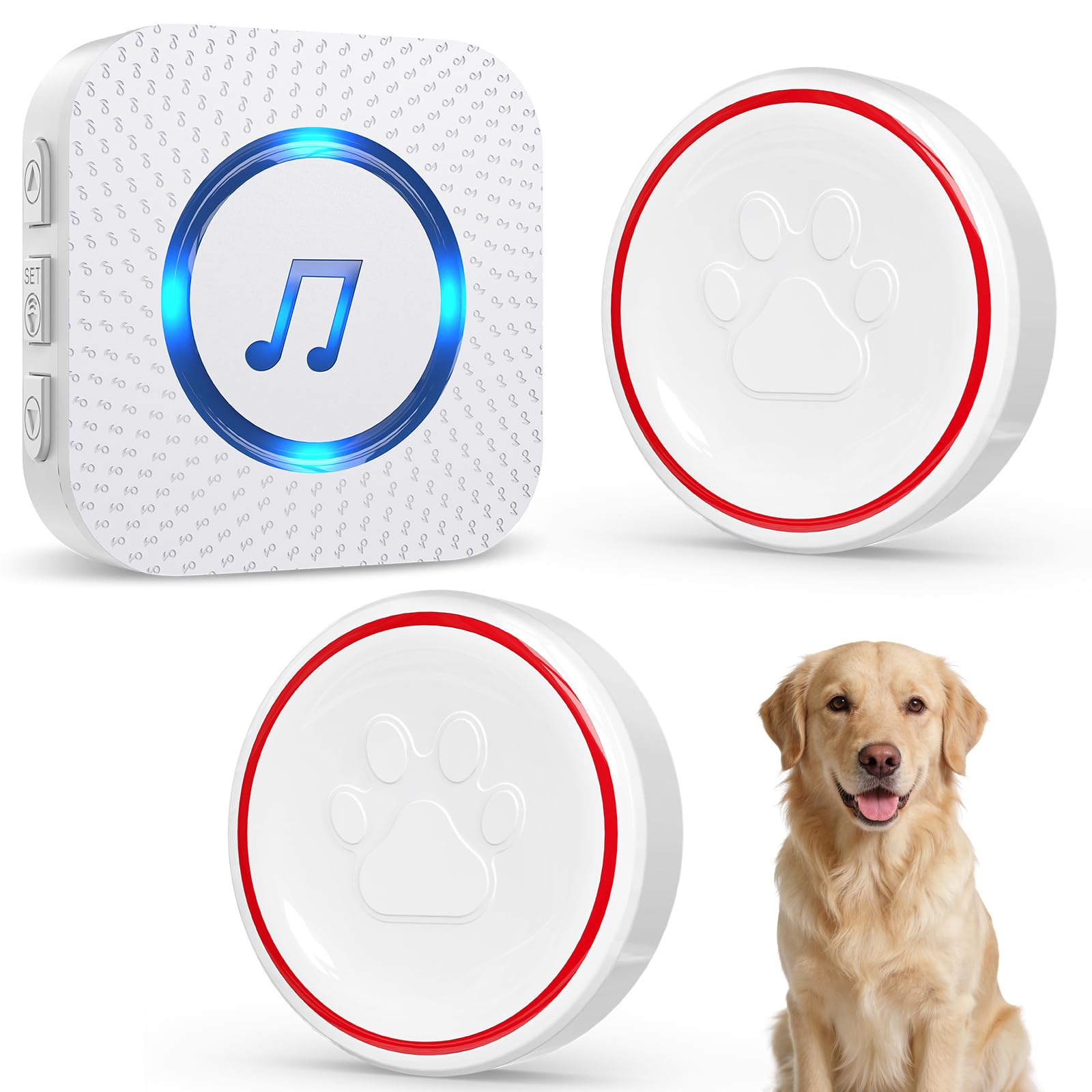 ChunHee Dog Door Bell - Doggie Doorbell Puppy Training - Dog Bells Toilet Training Smart Buttons Dog Clicker Operating at 500Feet with 55 Melodies 5 Volume Levels LED Light Flash 1Receiver 2 Bells