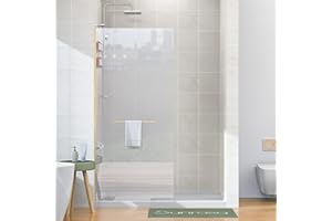 Sunrosa Frameless Glass Shower Panel 34"×72", Fixed Shower Glass Panel with Shelves in Brushed Gold, 3/8" Tempered Glass Shower Screen for Walk in Shower