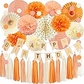 Orange Beige Fall Boho Birthday Party Decorations Autumn Sweet Peach Birthday Women Girls Groovy Paper Lanterns Tissue Pom Poms Paper Fans Tassel Gralands Fall Orange Birth day Party Decoration