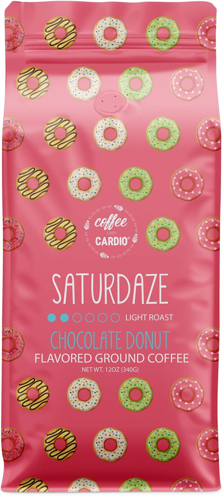 Coffee Over Cardio Saturdaze Chocolate Donut Flavored Ground Coffee, High-Grade Aribian Light Roast Coffee Grounds (12 oz)