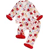 Kavousa Toddler Girls Valentines Pajamas Bow/Heart Printed Lapel Button Up Long Sleeve Tops with Pants 2Pcs Cute Sleepwear