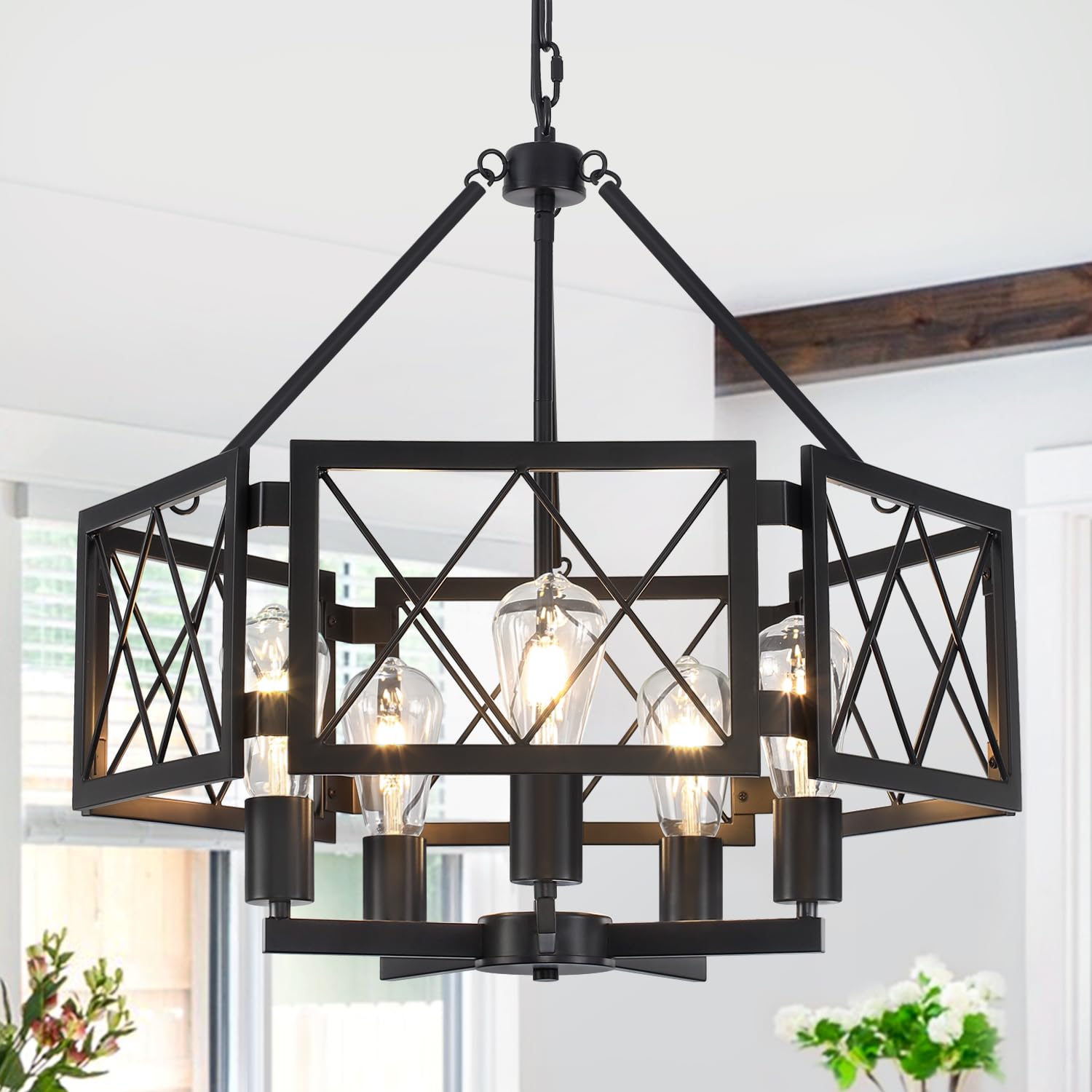 Photo 1 of **INCOMPLETE, SOLD FOR PARTS** GZBEINI Modern Farmhouse Chandelier Dining Room Light Fixtures, 5-Light Black Chandeliers Kitchen Island Lighting, Geometric Pendant Light Fixture for Living Room Foyer Staircase Entryway, UL-Listed