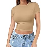 Womens Short Sleeve Crop Top Crew Neck Y2K Shirt Sexy Slim Fitted Casual Base Layer Soft Workout Shirt Going Out Tops