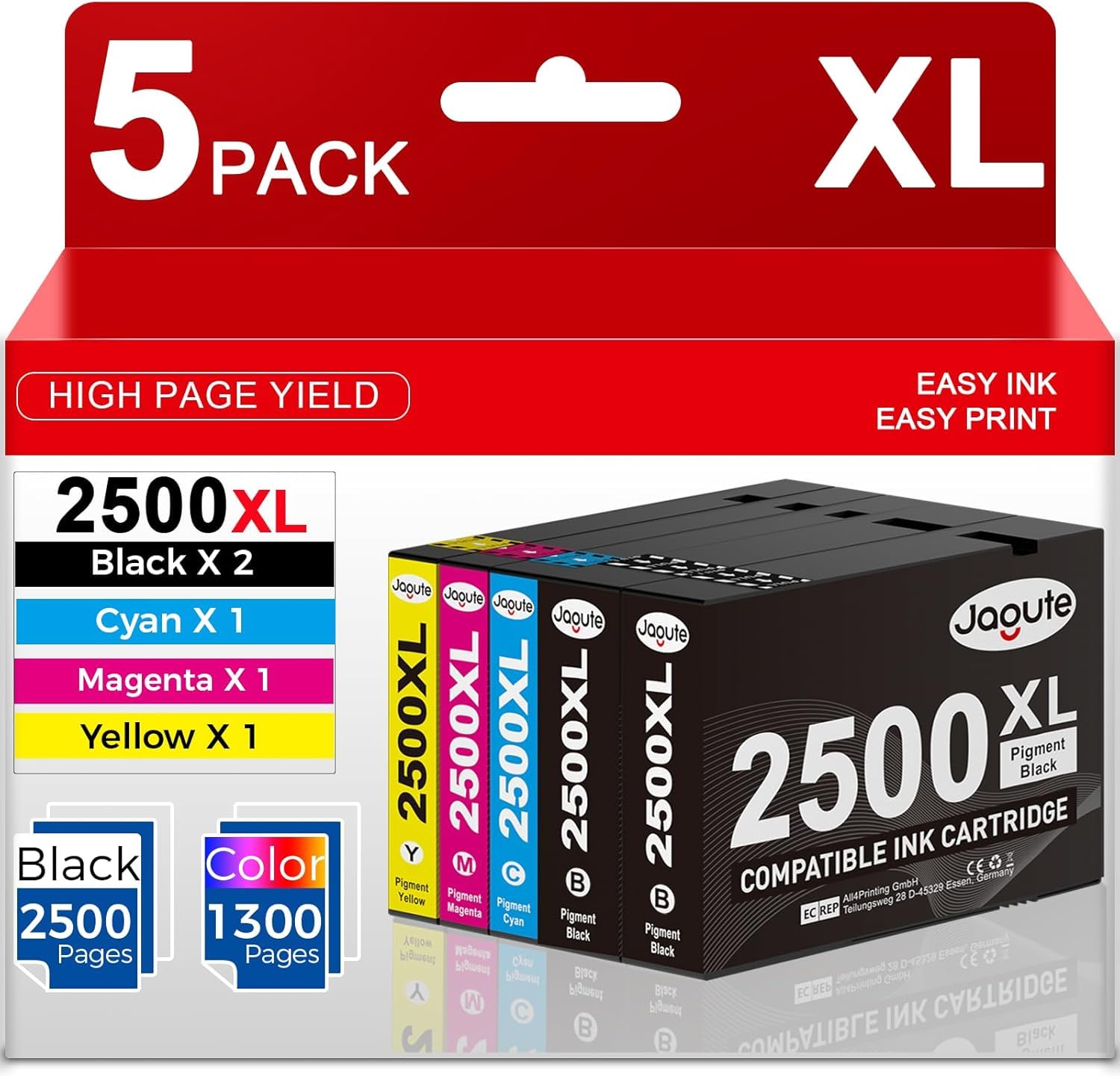 2500XL Ink Cartridges Combo Pack Compatible for Canon PGI-2500XL 2500 XL for Canon Maxify MB5450 MB5155 MB5455 MB5050 MB5350 iB4100 iB4150 MB5150 MB5000 MB5100 iB4050 iB4000 (5 Pack, BK/C/M/Y)