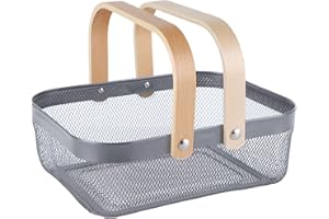AJIODA Metal Mesh Steel Basket, Storage Organizer Basket Garden Harvest Basket Multi-functional Kitchen Fruit Baskets Bin with Wooden Handle for Bathroom Picnic Shopping Decor Cabinet Home, Grey