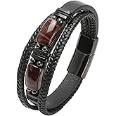 Tiger Eye Mens Bracelets - Stainless Steel Punk Cuff - Black Multilayer Leather Jewelry