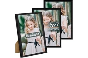 upsimples 5x7 Picture Frame Set of 3, Made of High Definition Glass for 5 x 7 Black Frames, Wall and Tabletop Display Thin Border Photo Frame for Home Décor