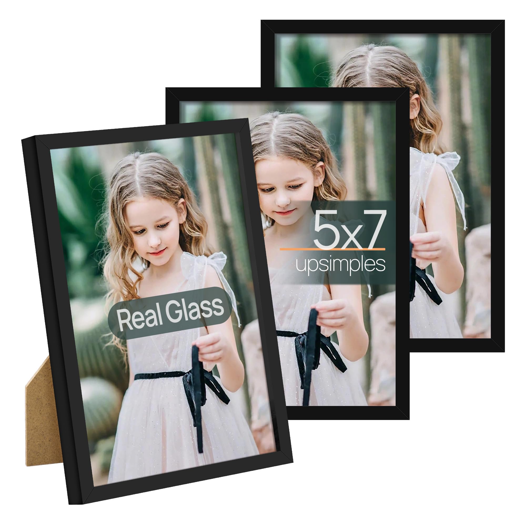 Photo 1 of upsimples 5x7 Picture Frame Set of 3, Made of High Definition Glass for 5 x 7 Black Frames, Wall and Tabletop Display Thin Border Photo Frame for Home Décor