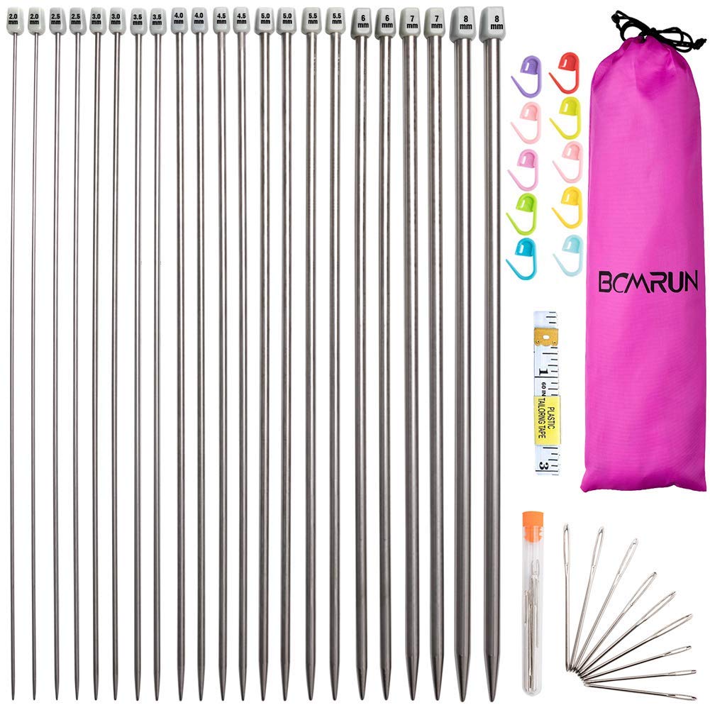 Photo 1 of Knitting Needle Set, BCMRUN 22PCS 2mm(B)-8mm(L) Straight Single Pointed Stainless Steel Sweater Needles Set(11Pair-11 Size,9.8 inch) with Locking Stitch Makers Large-Eye Needles Measure Tape (25CM)