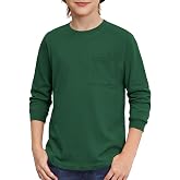 Arshiner Boys Long Sleeve Shirts Kids Solid Crewneck T Shirts for 4-12 Year | with Chest Pocket, Athletic Basic Tee Top, Fall Casual School Athletic Sports Gym Soccer Shirt, Autumn Winter Warm Clothes