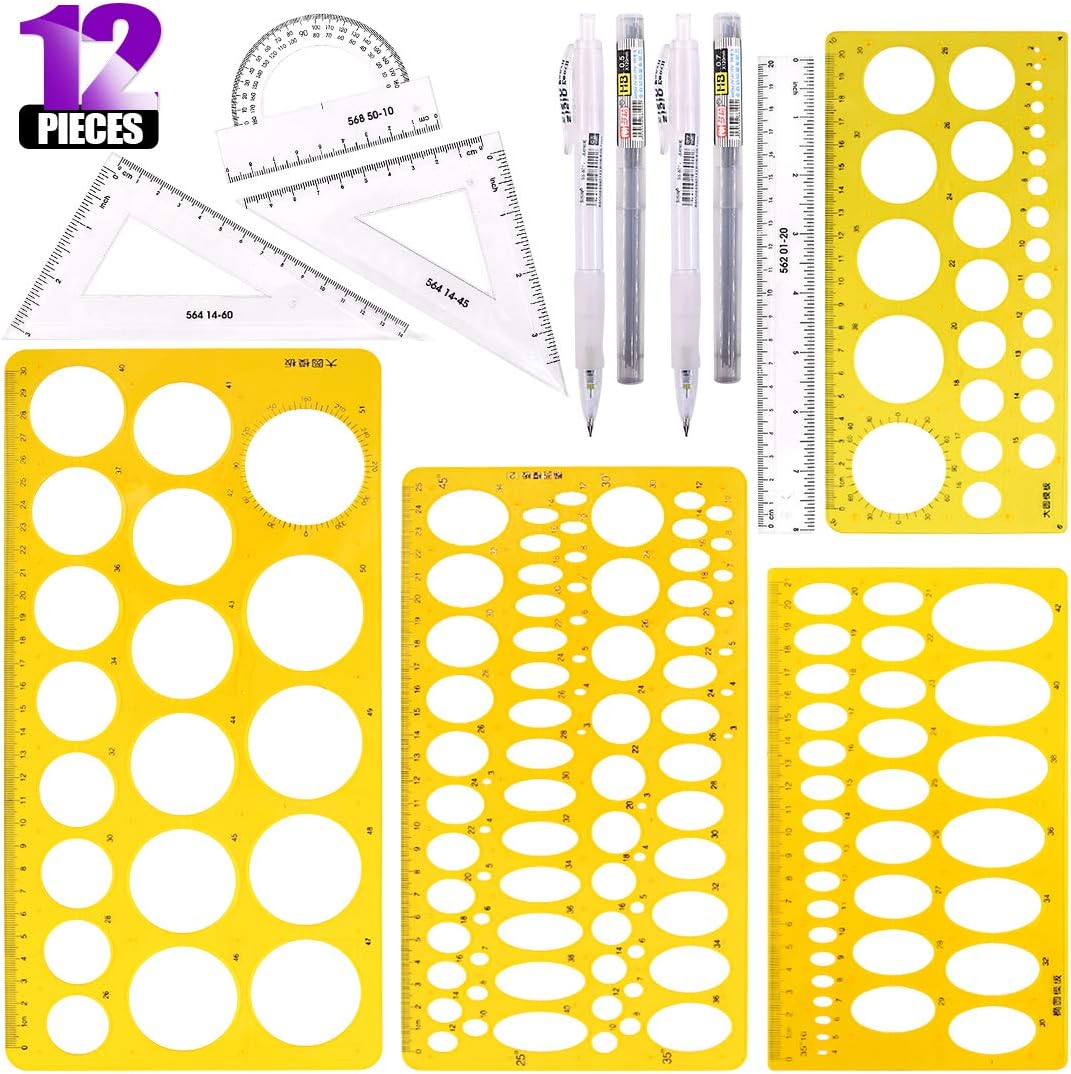 Swpeet 12Pcs Plastic Yellow Geometric Drawings Templates Kit, 4 Different Geometric Measuring Drawings Templates Stencils with 2Pcs Pencil and 4Pcs Measuring Ruler for Drawing Engineering Drafting : Office Products
