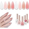 AZUREBEAUTY Nail Polish Set, 4 Colors Nude Pink Jelly Transparent Clear Milk White Quick Dry Natural Nail Lacquer Strengthening Treatment Kit with Top Coat DIY Salon at Home