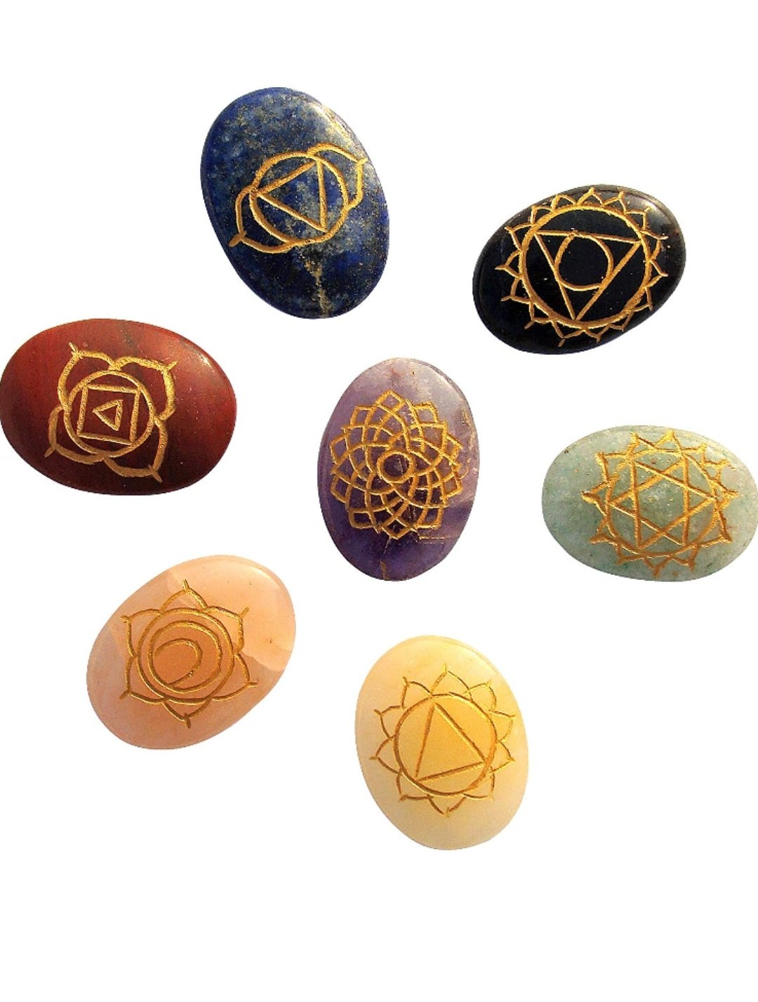 DHYANARSH 7 Chakra Healing Crystals Oval Stones Set - Reiki Crystal Engraved Symbols Holistic Palm Crystals
