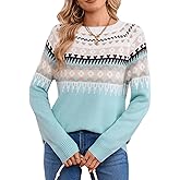 Drvitor Women's Vintage Fair Isle Pullover Sweater Casual Fit Dressy Crewneck Long Sleeve Lightweight Knit Tops