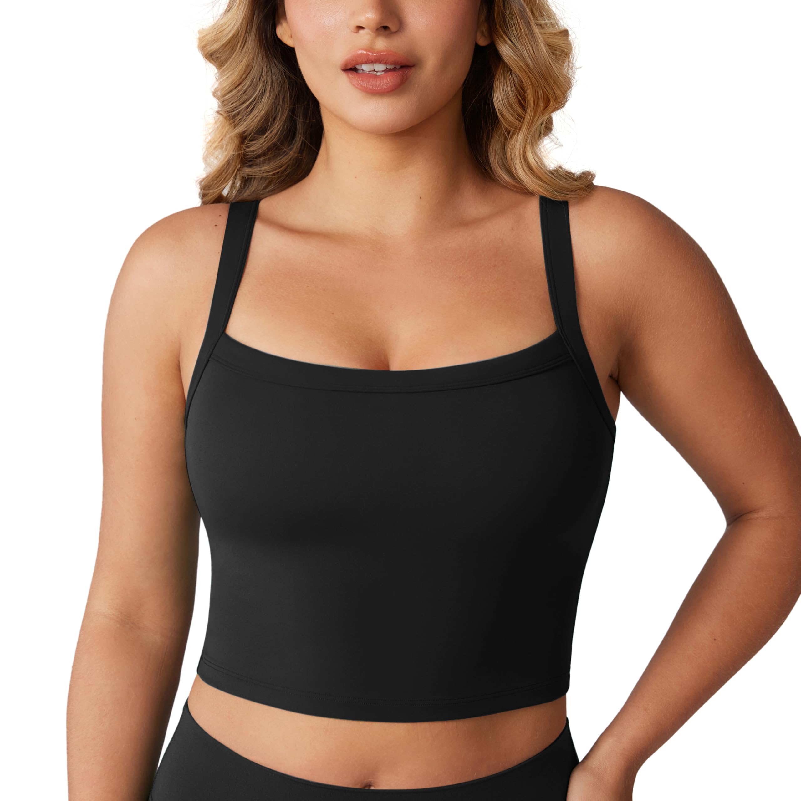 Photo 1 of UNISSU Hugcurve Adjustable Longline Sports Bra Square Neck Workout Tank Crop Tops for Women with Built in Bra Padded Camisole Black Small