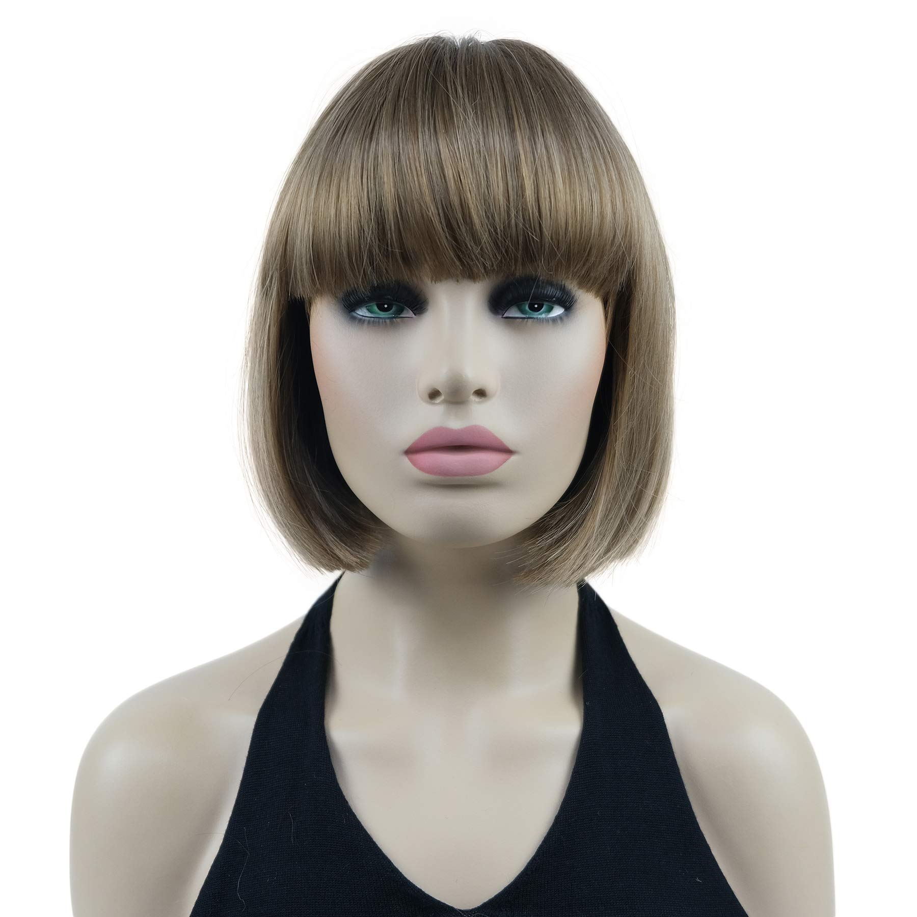 Lydell 8" Short Bob Hair Flat Bangs Cute Central Dot Skin Top Heat Resistant Synthetic Wigs (Light Golden Brown)