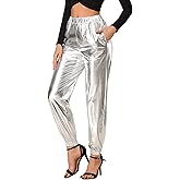 Allegra K Women's Metallic Trousers Christmas Shiny Sparkle Elastic Waist Holographic Pants