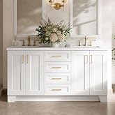 DKB Emilia 66-Inch White Double Bathroom Vanity, 1.5-Inch Edge Pure White Quartz Countertop &amp; Splash, Rectangular Sinks, 4 Soft Closing Doors, 6 Dovetail Drawers, Toe Kick, Satin Brass Hardware