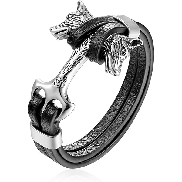 Mens Wolf Head Bracelet – Stainless Steel & Black Genuine Leather Braided Cuff - View #7