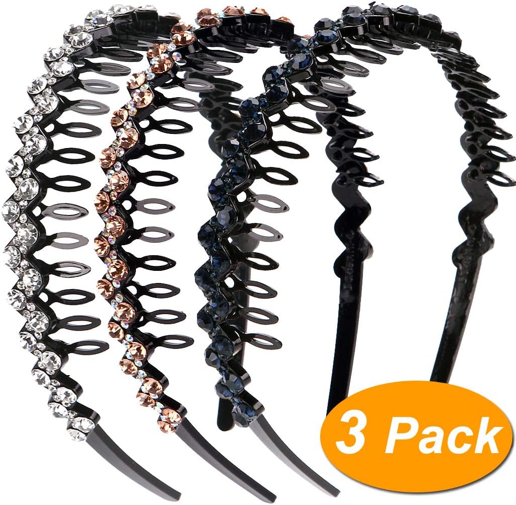 LONEEDY Wave Rhinestone and Crystal Teeth Comb Headbands For Women, Non