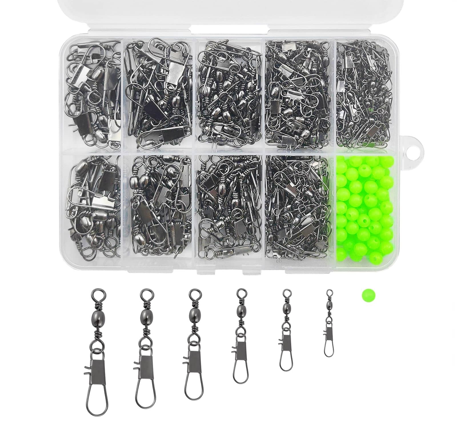 Fishing Barrel Swivels with Snap Kit: 350pcs/box Interlock Snap Swivel Size 2# 4# 6# 8# 10# 12# and Beads Set for Saltwater Freshwater Fishing Line Hook Connector