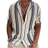 VIPWOLF Men's Striped Bowling Shirt Button Down Short Sleeve Vacation Cruise Shirt