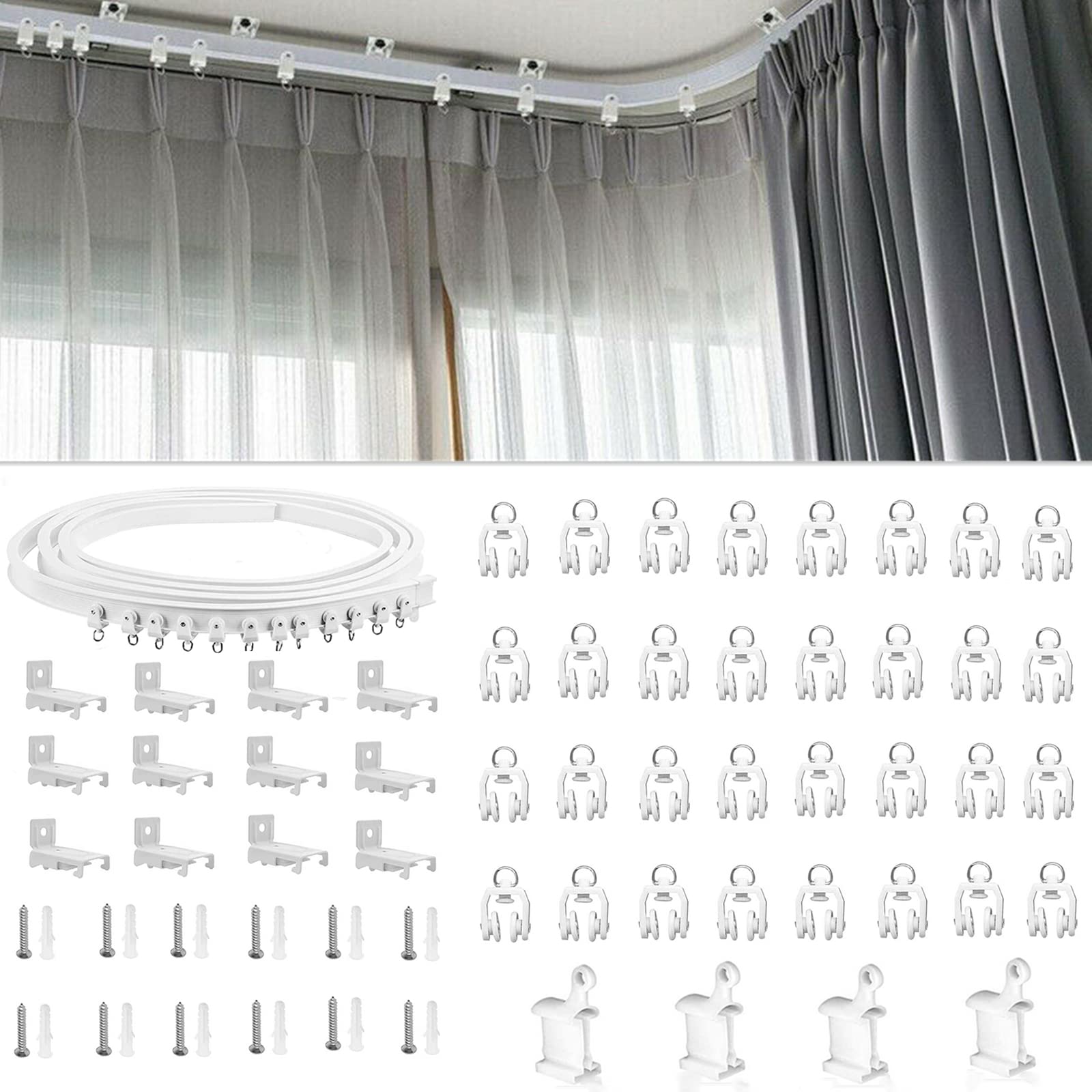 TOPWA 4 meter Flexible Plastic Pvc Curtain Track Runner Rail Wall Ceiling Mounted Fixing Hooks Shower Curtains Room Divider With Instruction Mounting Accessories Include White (Side clamping)