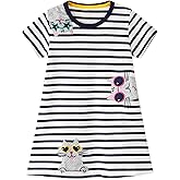 FreeLu Toddler Girls Striped Summer Dress Cartoon Appliques Dresses Girls Cotton Casual Clothing 2-7Y