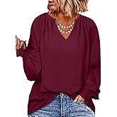 Eytino Womens Plus Size Tops Sexy V Neck Smocked Long Sleeve Casual Chiffon Blouse Flowy Work Shirts(1X-5X)