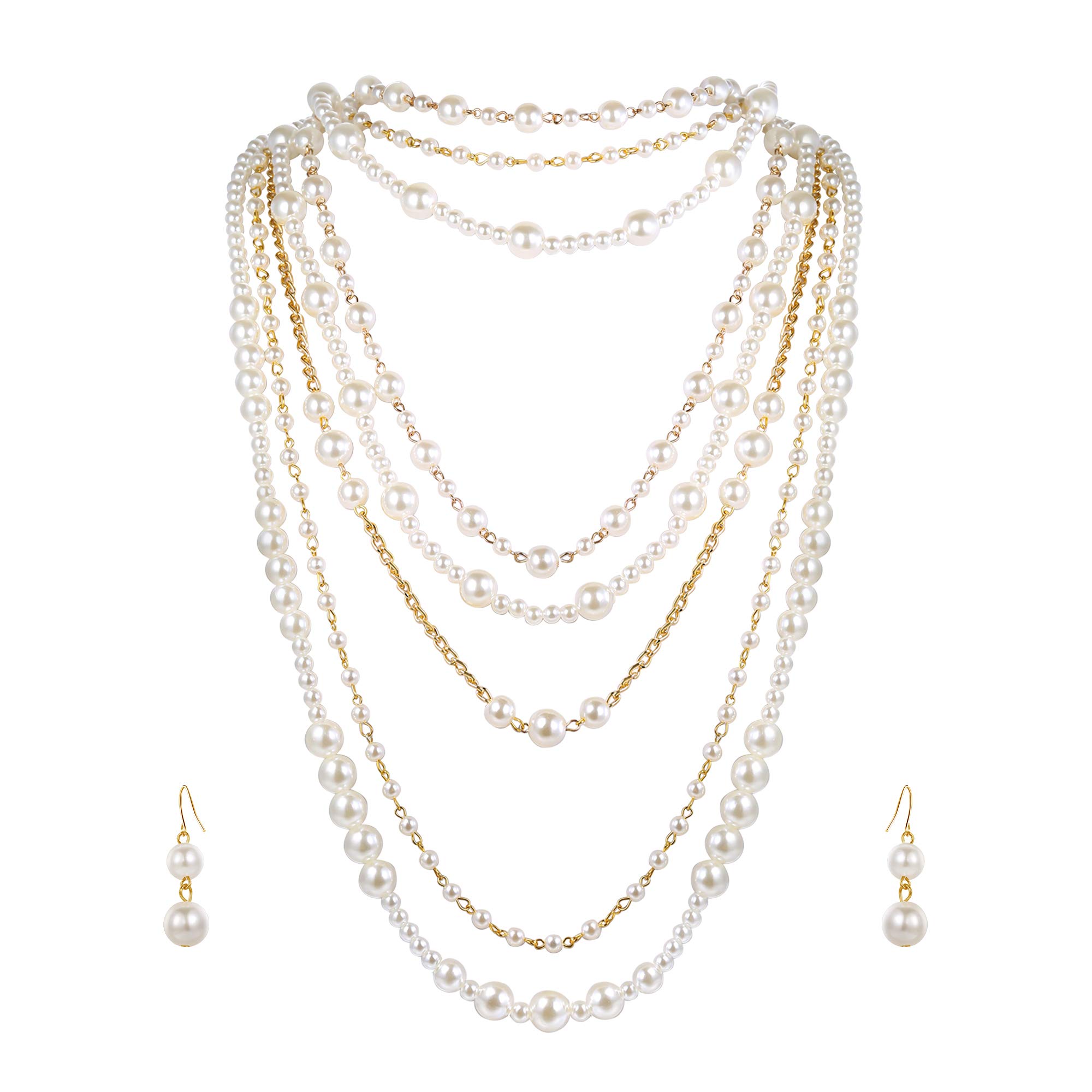 Ever Faith Multilayer Strand Chain Simulated Pearl Cluster Long Choker Necklace Earrings Set 18.7"-21.4"