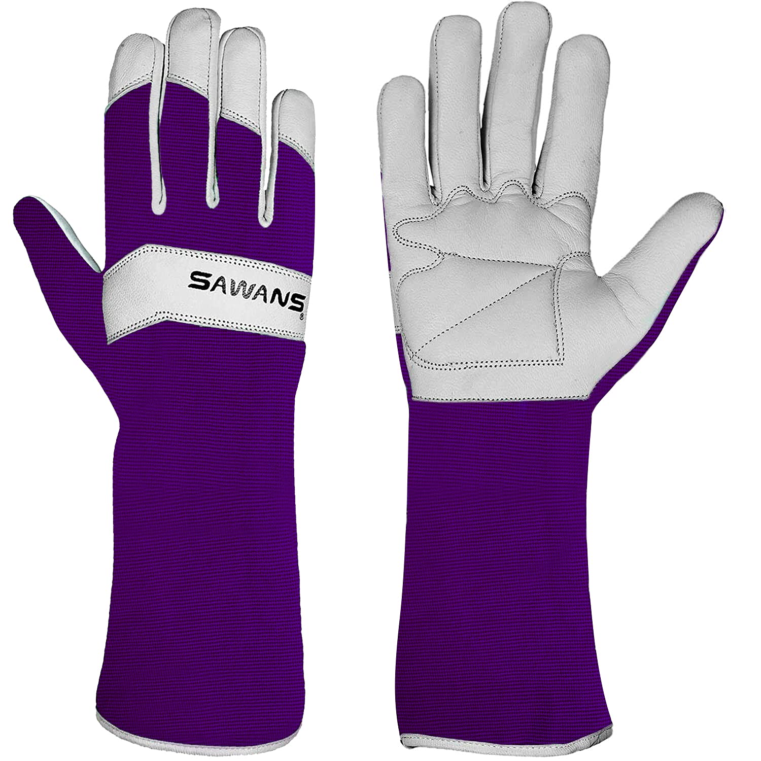 SAWANS Long Gardening Gloves Leather Ladies Men Women Durable Goatskin Garden Gloves Forearm Protection Thorn Proof Gardener Work Spandex Sleeves Rose Pruning Gift (Purple, S)