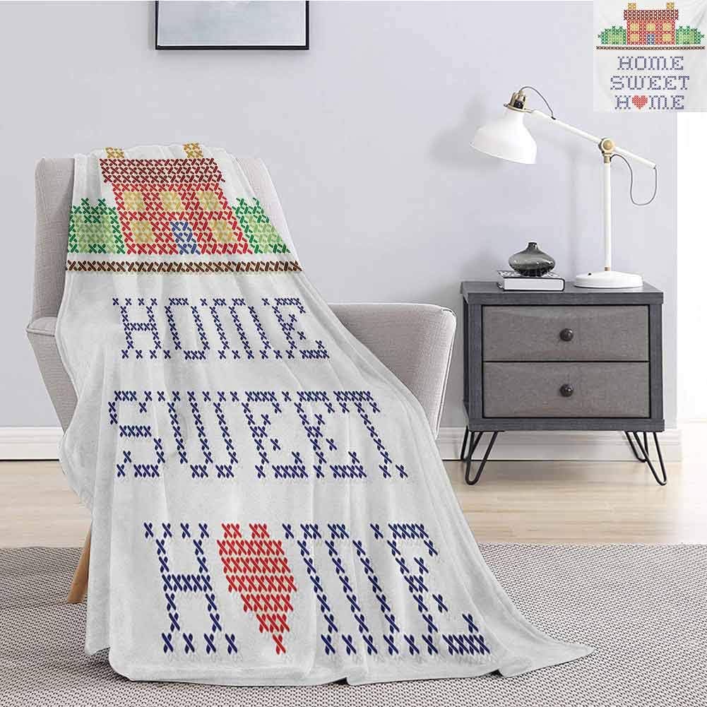 Luoiaax Home Sweet Home Bedding Flannel Blanket Colorful Graphic Style Cross Stitch Embroidery Design Needlework Theme Super Soft and Comfortable Luxury Bed Blanket W70 x L84 Inch Multicolor