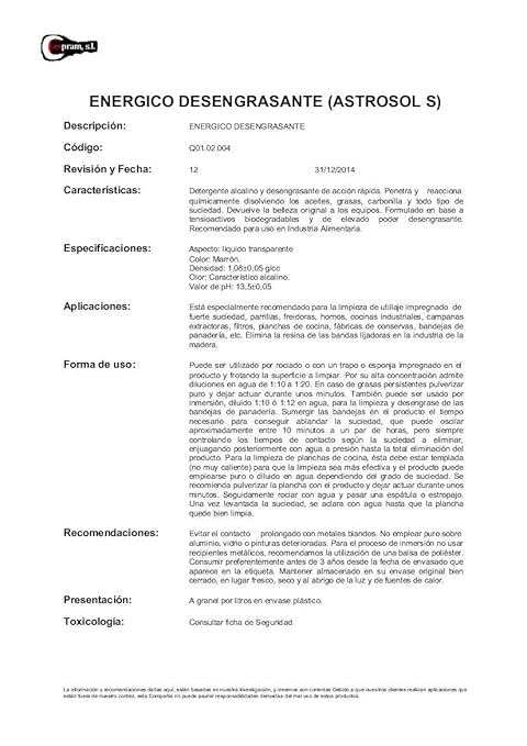 Desengrasante apto para industria alimentaria. Envase de 1 ...